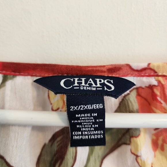 Chaps Denim Women's 2X Tunic Shirt White Floral 3/4 Sleeve Cotton Blend - Picture 2 of 3